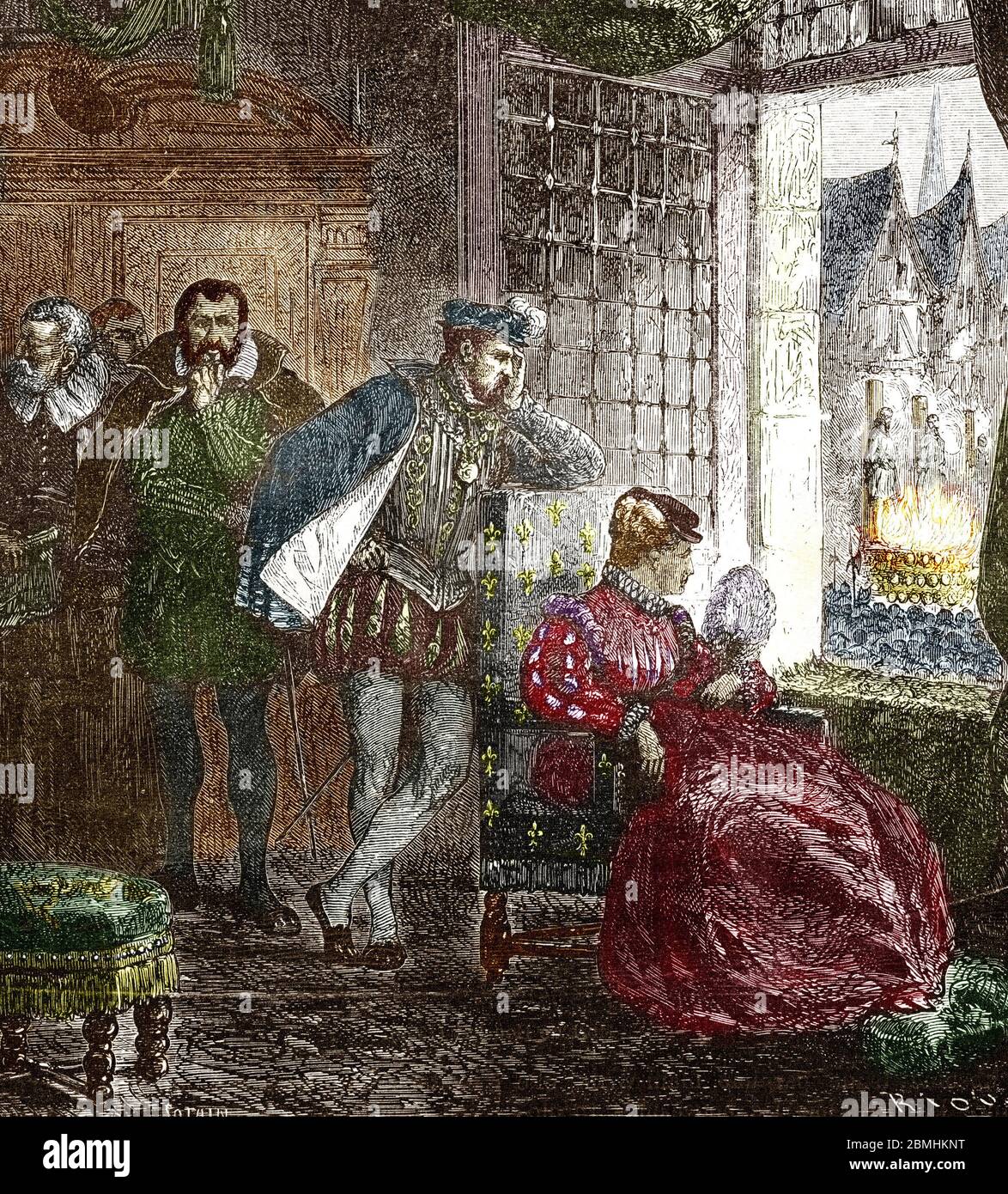 Inquisition : 'Le roi Henri II (1519-1559) et Diane de Poitiers (1499-1566) assistent a une execution d'heretiques protestants en 1559 - Henri II a fa Stock Photo