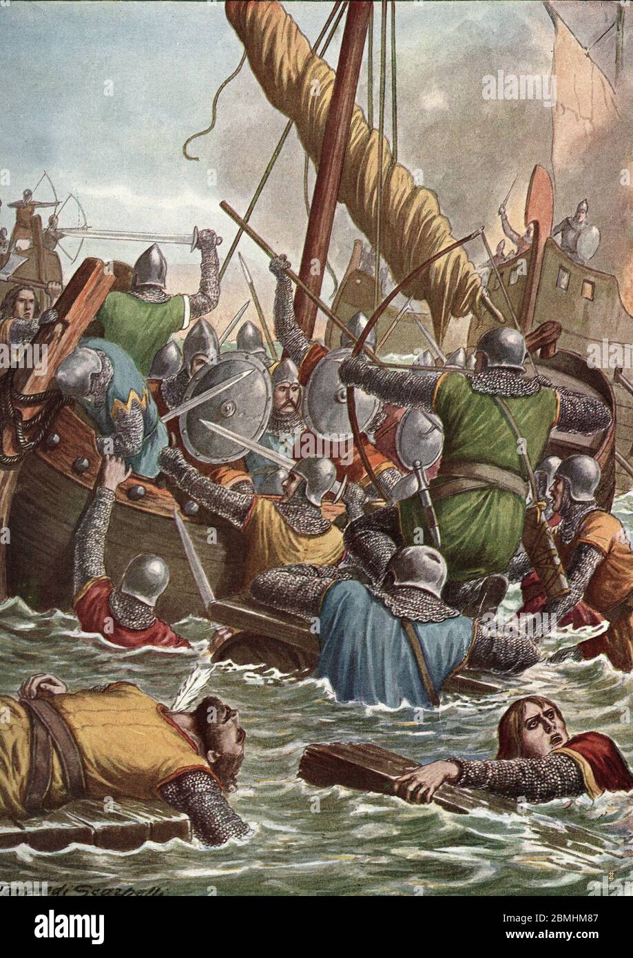 'Campagne d'Italie en 805 : 'le roi Pepin d'Italie (carloman) attaque les venitiens dans les iles de la lagune' (Pepin or Pippin (770-810) king of Ita Stock Photo