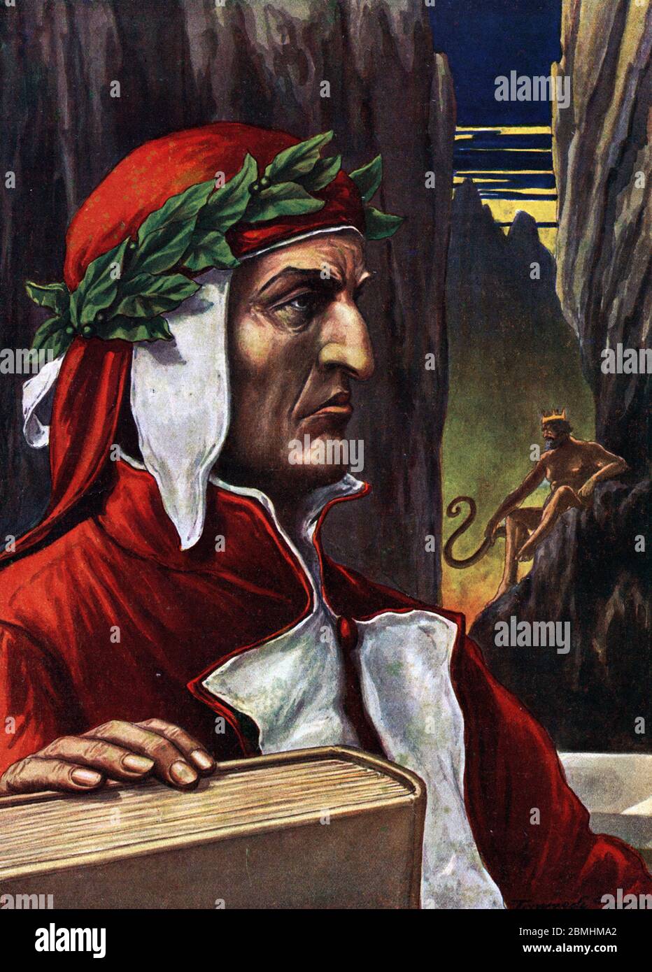 'Representation du poete italien Dante Alighieri (1265-1321)' (Portrait of italian poet Dante Alighieri) Illustration de Tancredi Scarpelli (1866-1937 Stock Photo
