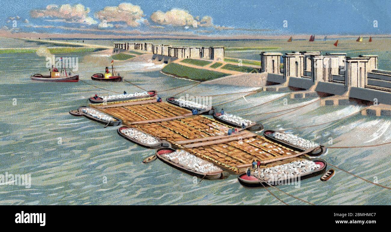 'Vue de la digue Afsluitdijk lors des Travaux du Zuiderzee, projets de fermeture et de polderisation du golfe du Zuiderzee (aux Pays-Bas), 1932' (View Stock Photo
