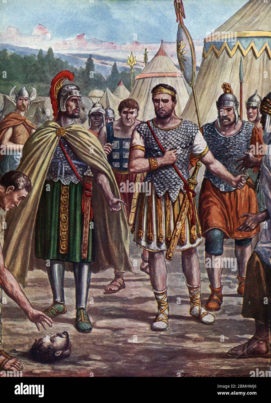 Antiquite romaine, deuxieme guerre punique (218-207 avant JC) : la tete du militaire carthaginois Hasdrubal Barca (245-207 avant JC) est jetee dans le Stock Photo