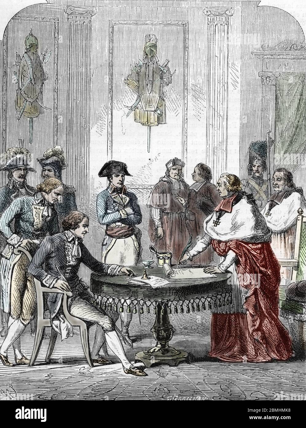 Concordat of 1801 - Signature du Concordat entre la France (en presence de Napoleon Bonaparte) et le Saint-Siege (Saint Siege), par le pape Pie VII (P Stock Photo