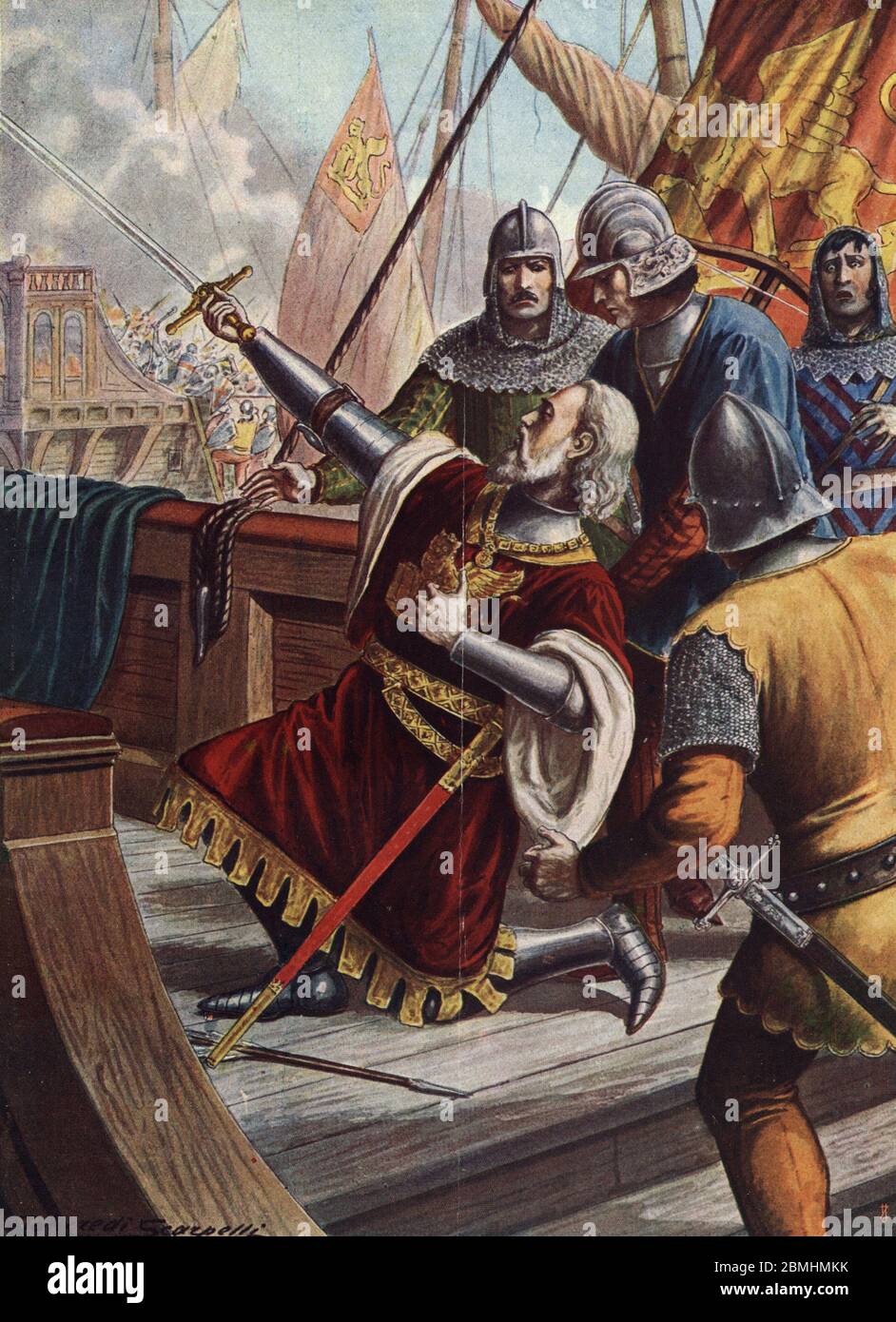 Guerre de Chioggia entre Venise et Genes : 'La mort de l'amiral genois Luciano Doria lors de la bataille de Pola en 1379' (War of Chioggia, the death Stock Photo