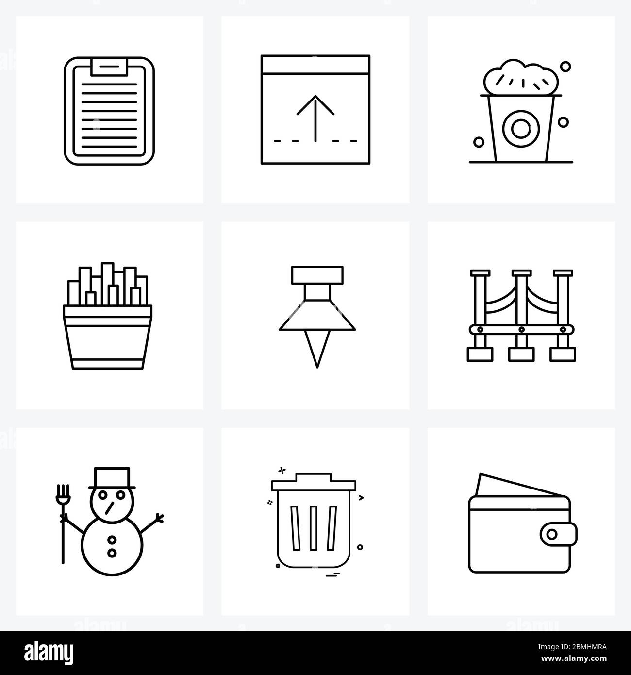 9 Interface Line Icon Set of modern symbols on fries, food, arrow, fast food, movie Vector Illustration Stock Vector