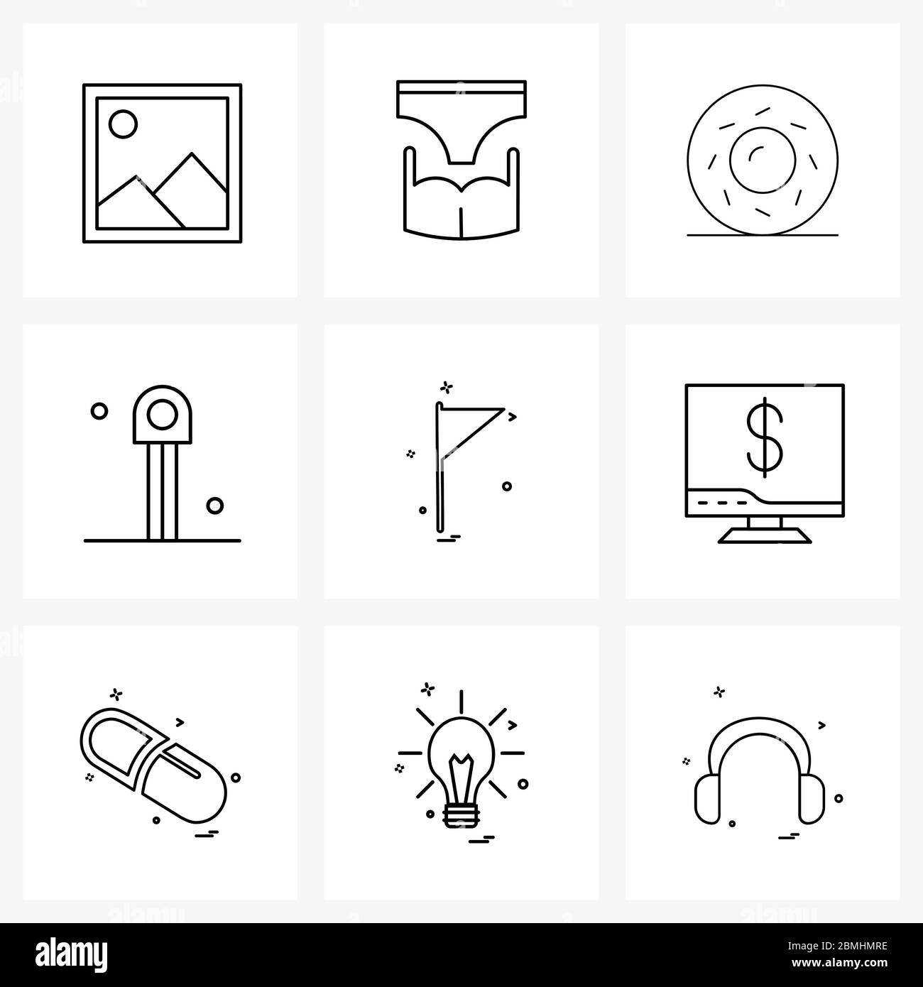 Set of 9 Simple Line Icons for Web and Print such as flags, flag, doughnut, transistor, electronic Vector Illustration Stock Vector