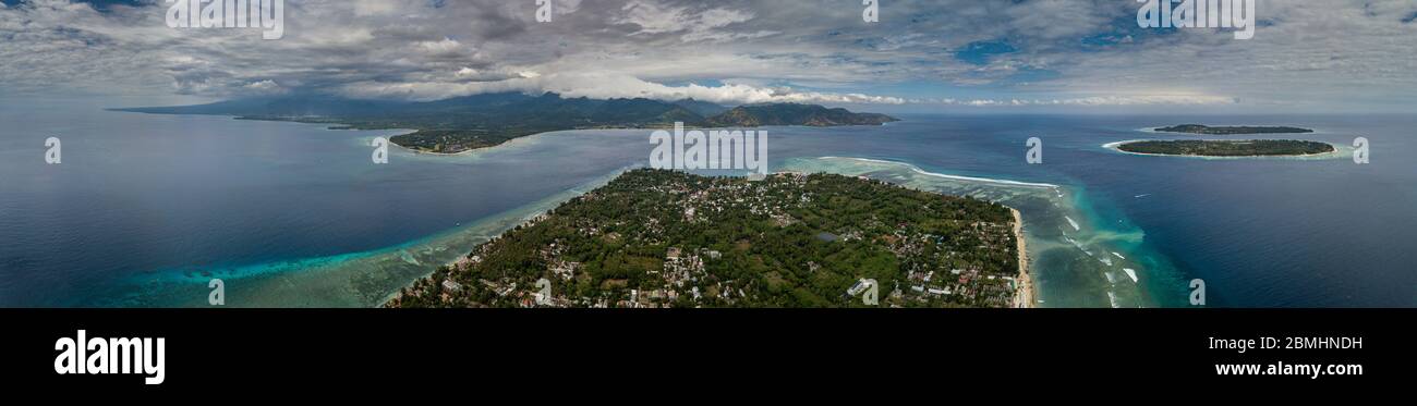 Gili Islands aerial view as seen from Gili air Indonesia Stock Photo