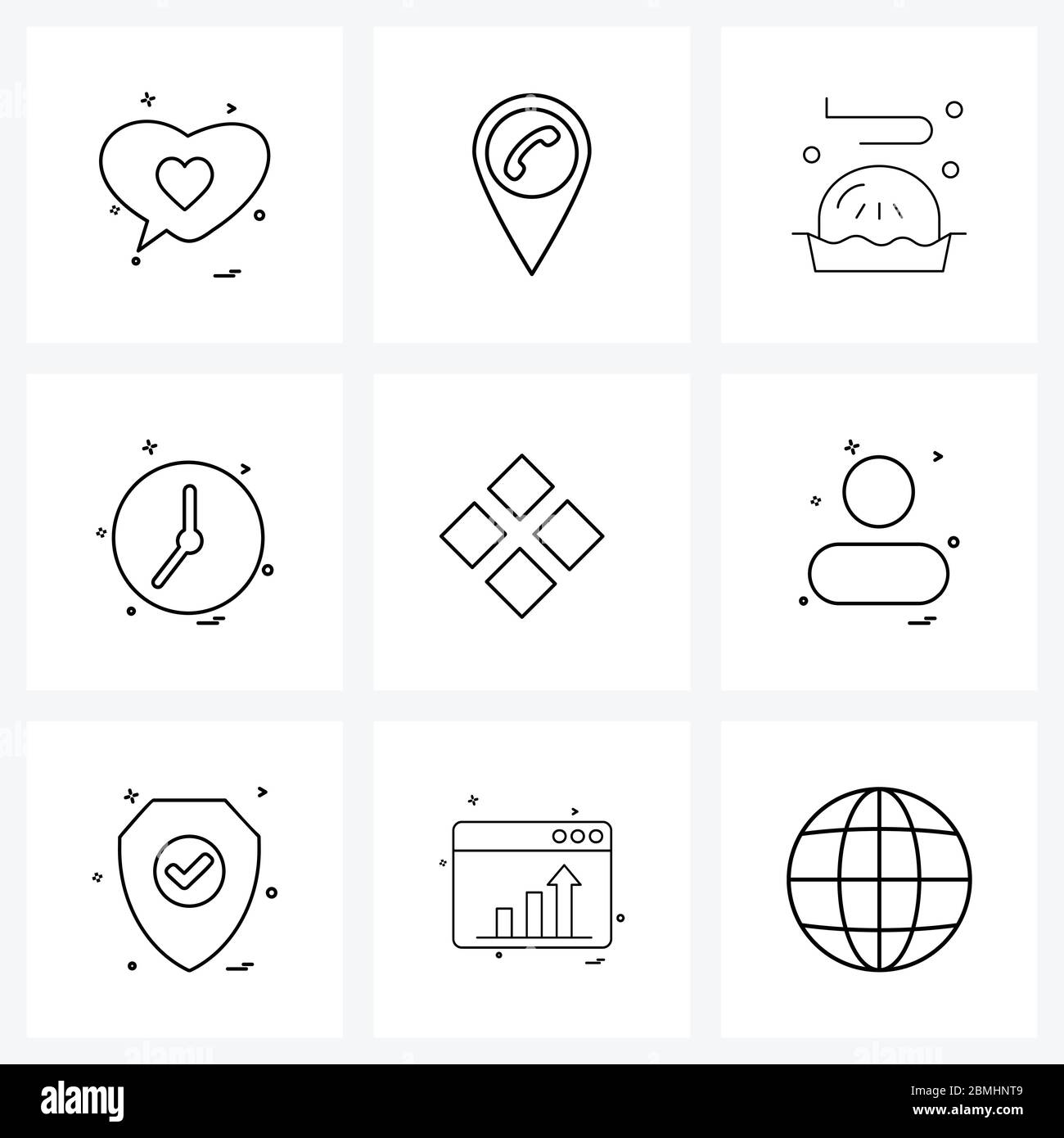 Mobile UI Line Icon Set of 9 Modern Pictograms of box, minutes, pastry