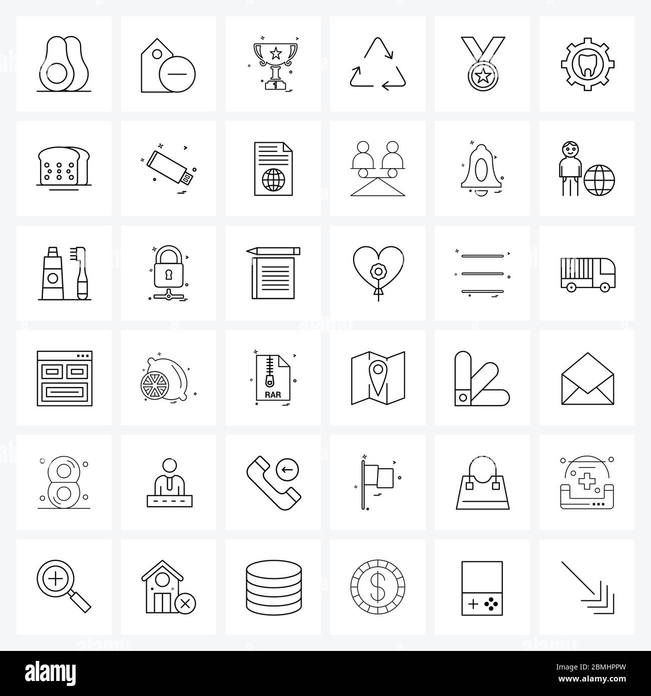 36 Interface Line Icon Set of modern symbols on medal, recycling