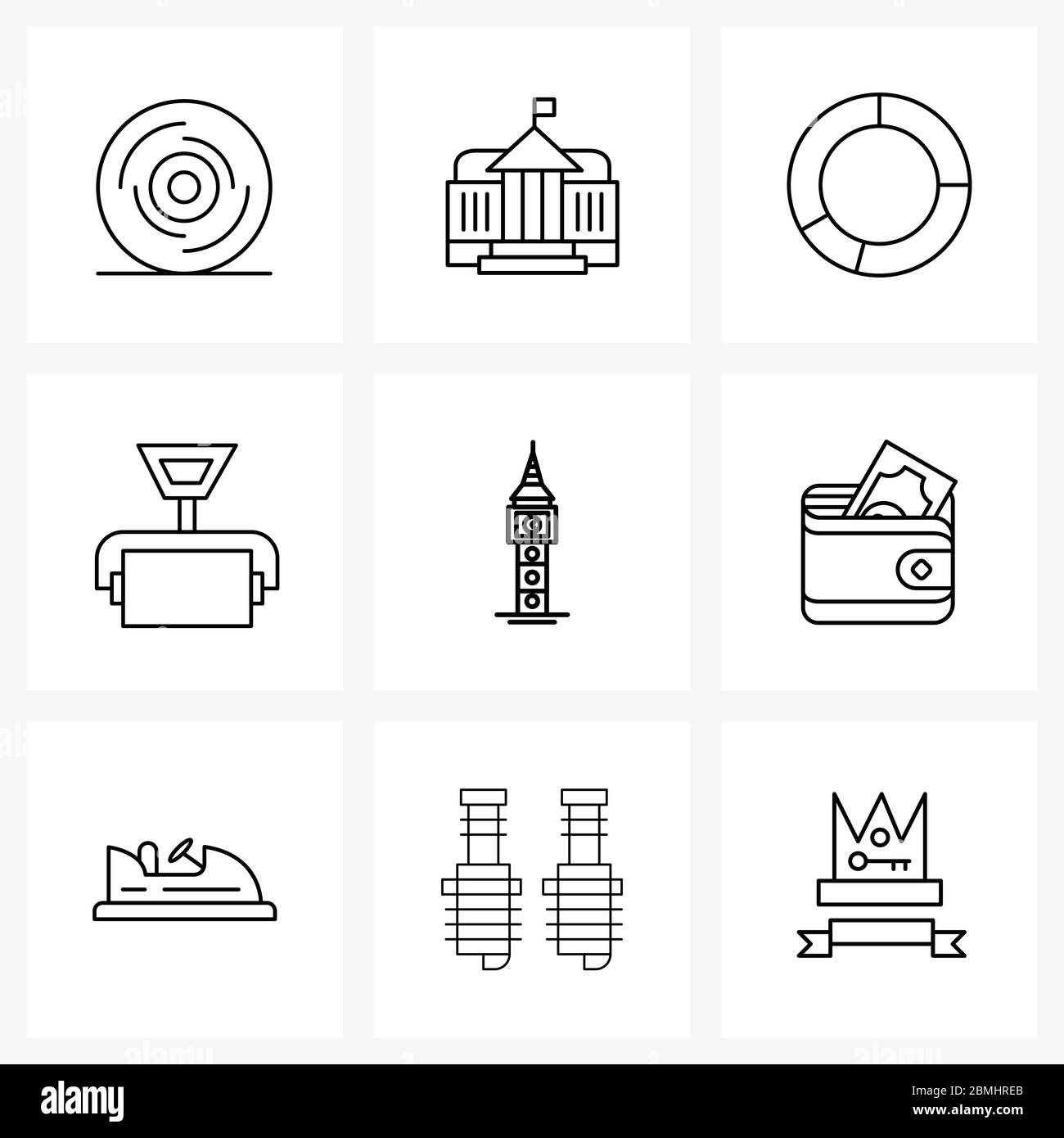 Set of 9 Simple Line Icons for Web and Print such as big, architecture, pie chart, game, pitch roller Vector Illustration Stock Vector