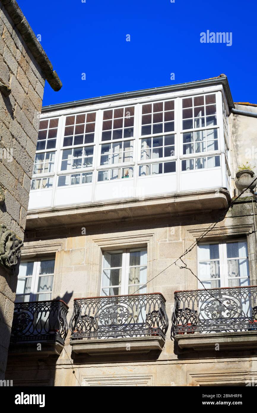 Galician style balcony on Praza Almeda,Vigo,Galicia,Spain,Europe Stock Photo