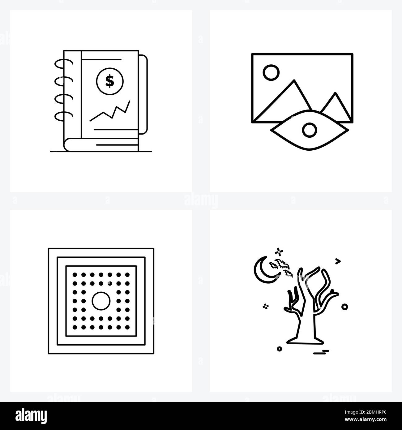 UI Set of 4 Basic Line Icons of book, cpu, investment, photo, hardware