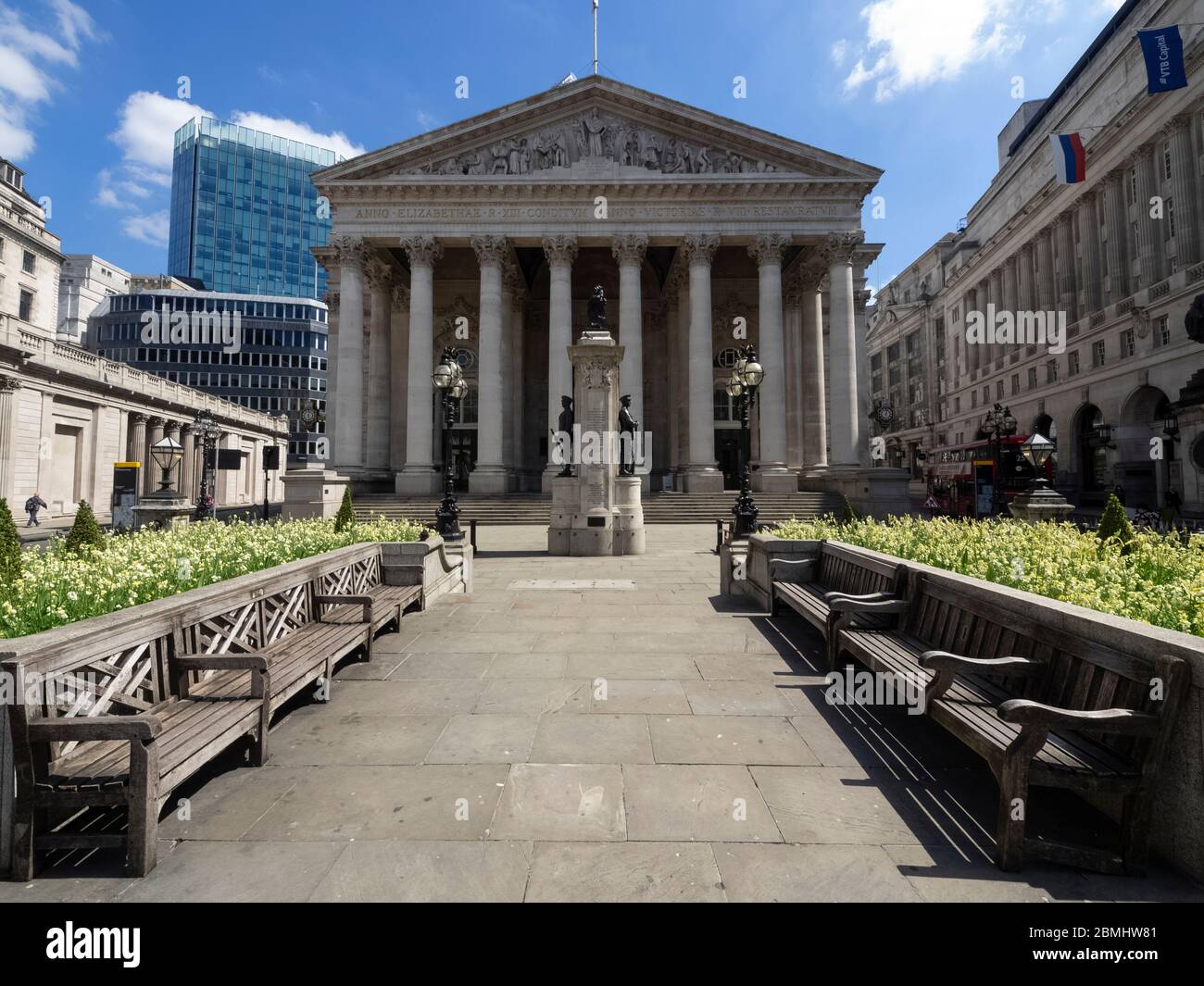 London. UK. May the 6th, 2020 at lunch time. Wide view angle of Royal Exchange Building without people during the Lockdown. This place is currently ve Stock Photo