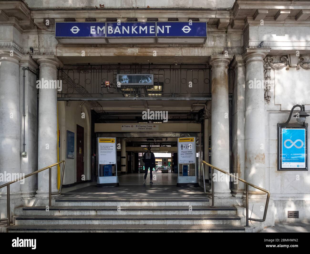 London. UK. May the 4th, 2020 at 10:30am. Photo of Embankment Station entrance during the Lockdown. Stock Photo