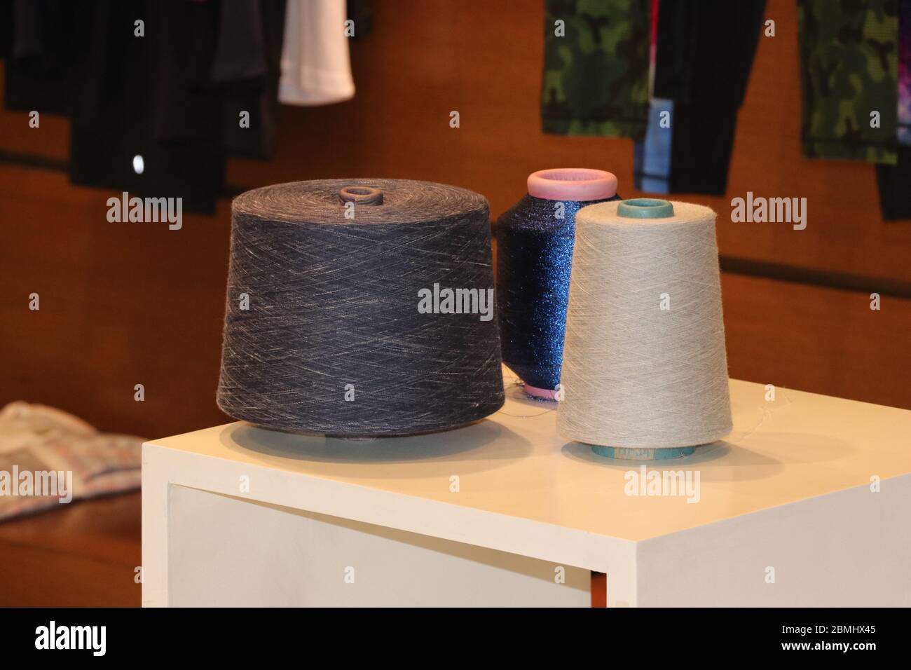 Colorful yarn cones are waiting for starting for the production process