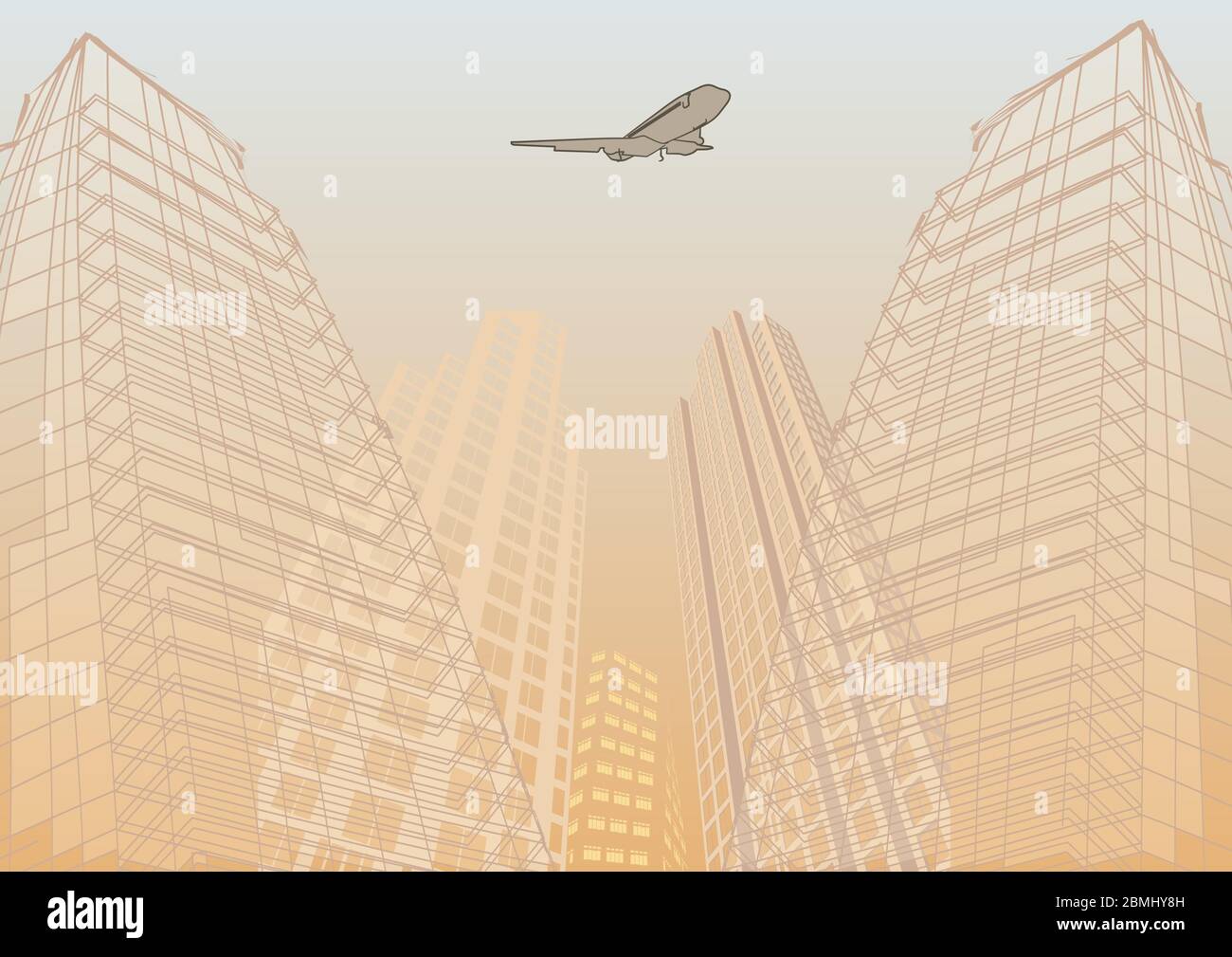 travel by airplane. illustration of airplane flying over sketch of building Stock Vector