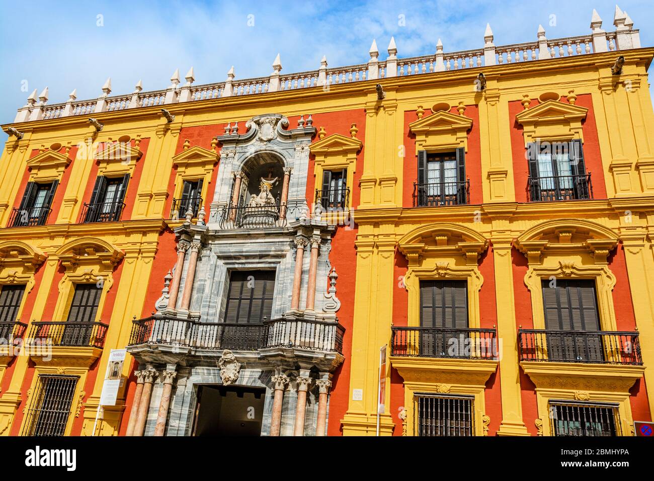Malaga, Spain - March 2017:  Facade of the Bishop's Palace of Malaga Stock Photo