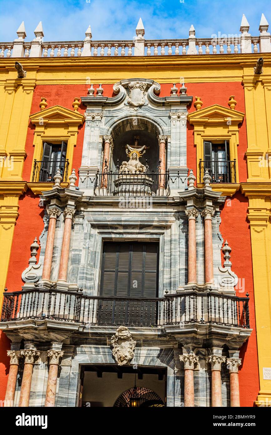 Malaga, Spain - March 5, 2017:  Facade of the Bishop's Palace of Malaga Stock Photo