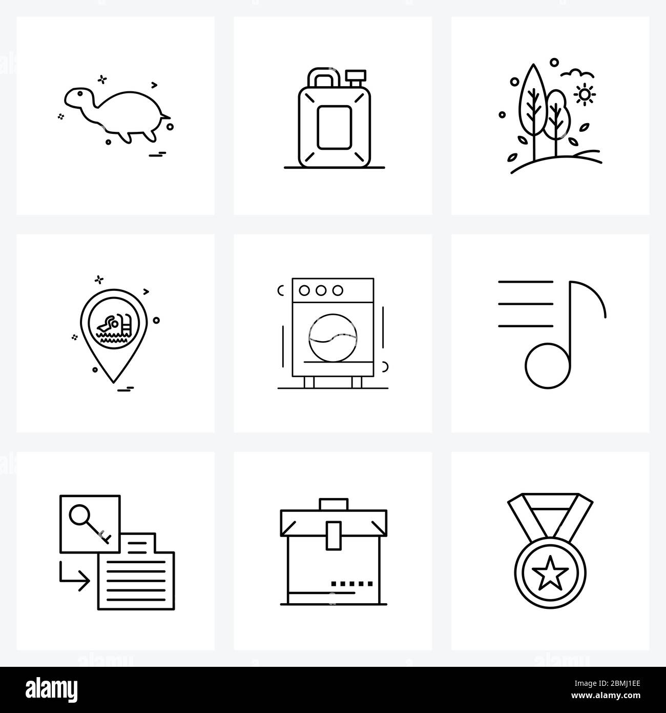 Set of 9 Simple Line Icons for Web and Print such as hotel, washing, tree, location, swimming Vector Illustration Stock Vector
