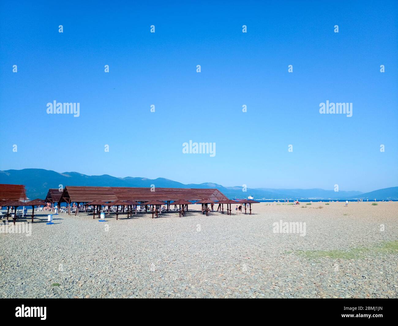 Novorossiysk sea beach in Alexino, the landscape of the beach. Stock Photo
