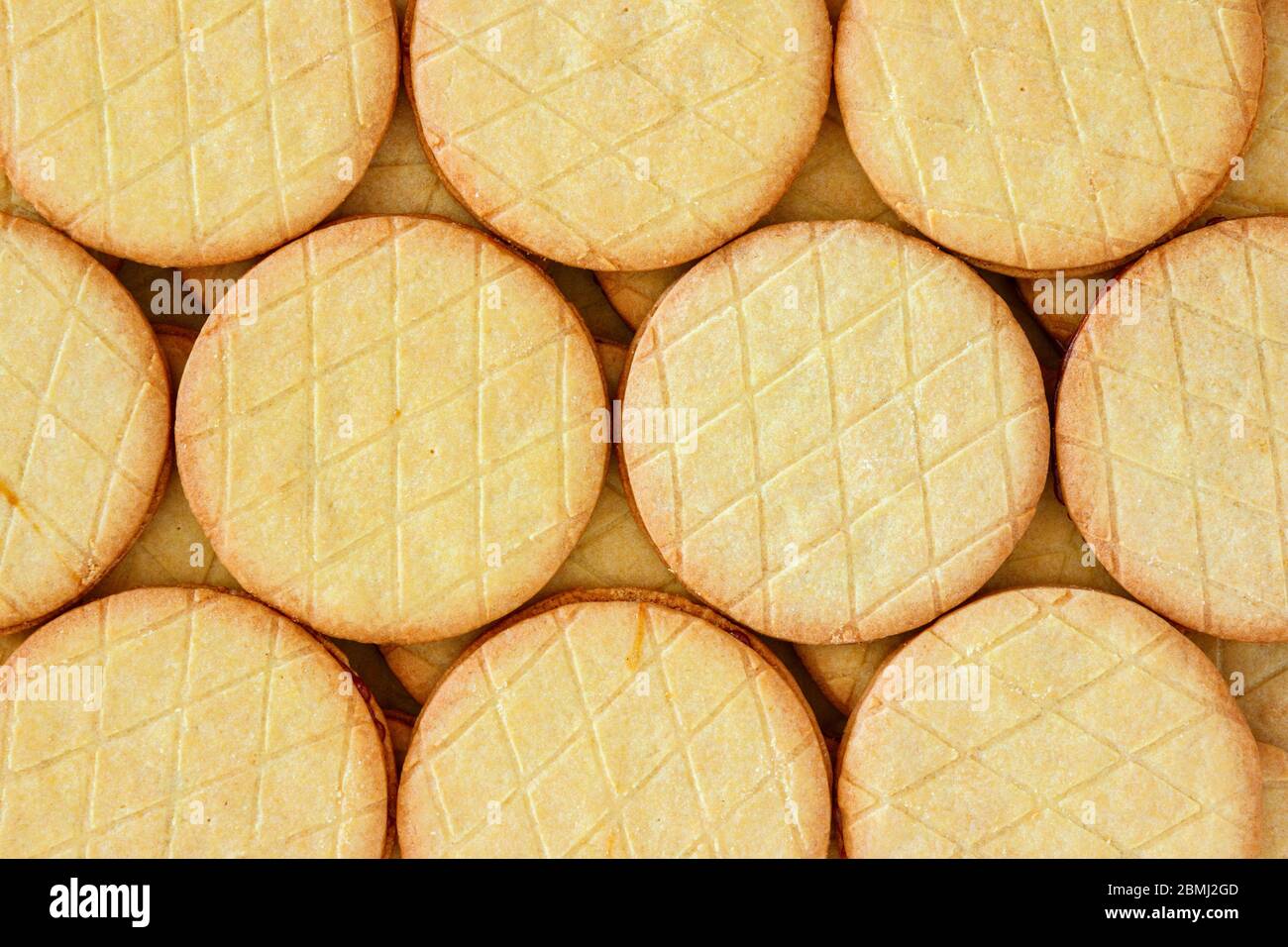 Layout of typical dutch syrup cookies (stroopkoeken) a variant of the famous Gouda syrup waffle (stroopwafels). Stock Photo