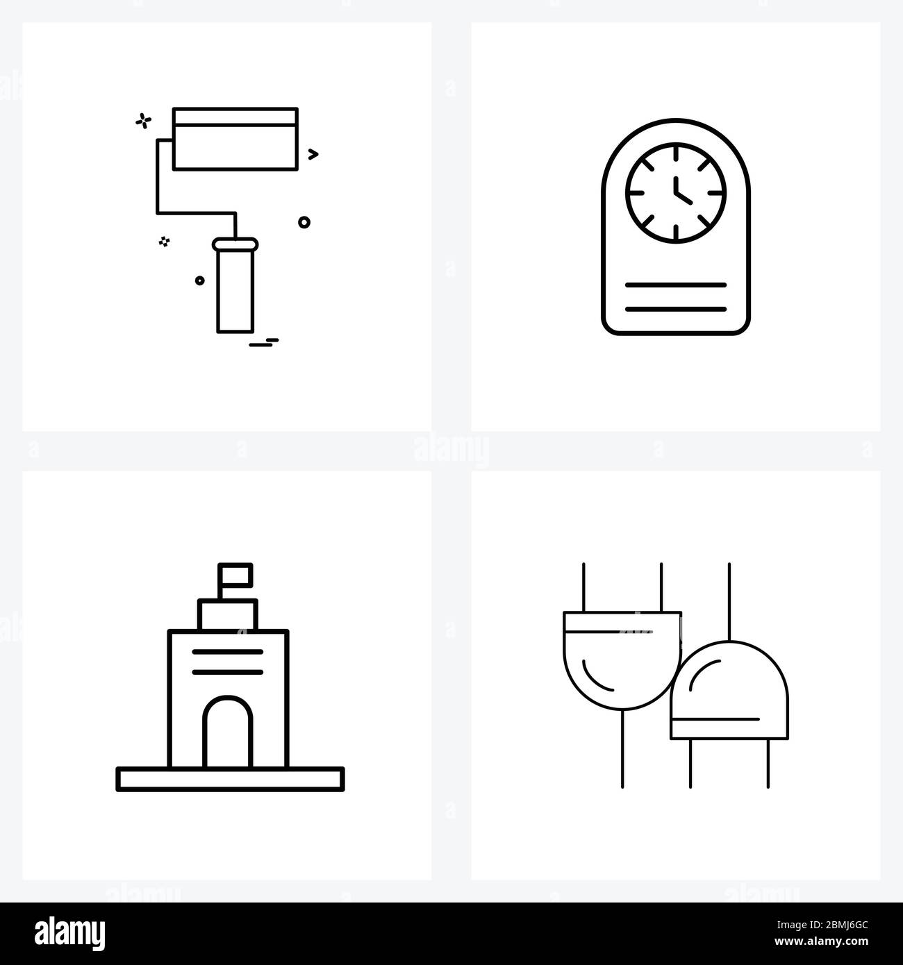 Pixel Perfect Set of 4 Vector Line Icons such as paint roller, plaza, labour, timekeeper, electricity Vector Illustration Stock Vector