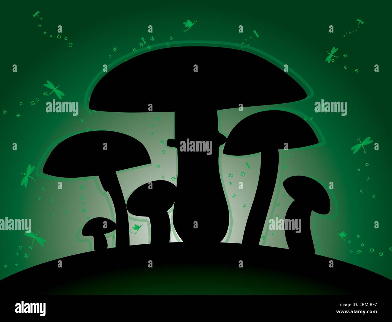 glowing mushrooms silhouette vector at night forest Stock Vector