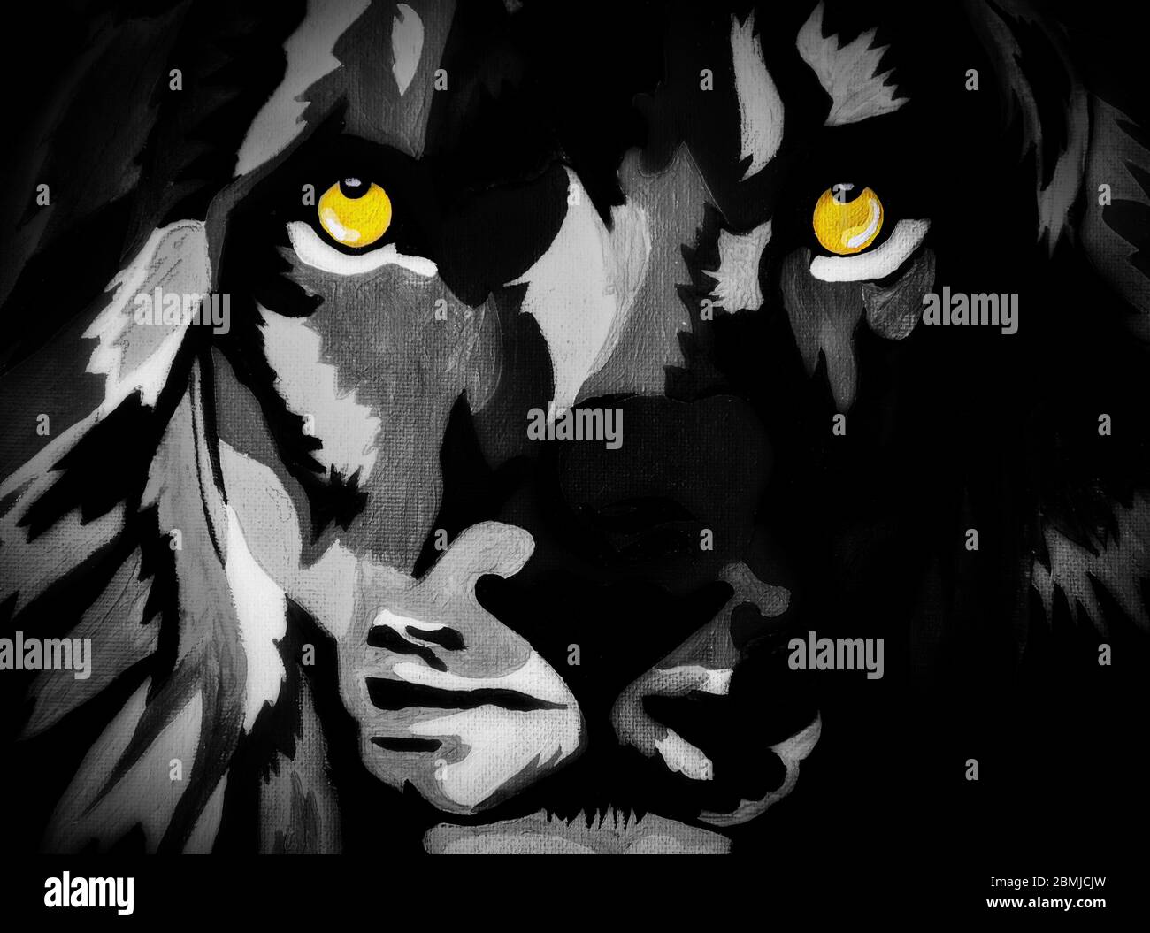 A dramatic acrylic painting on canvas of a lions face in black and white  with yellow eyes Stock Photo - Alamy