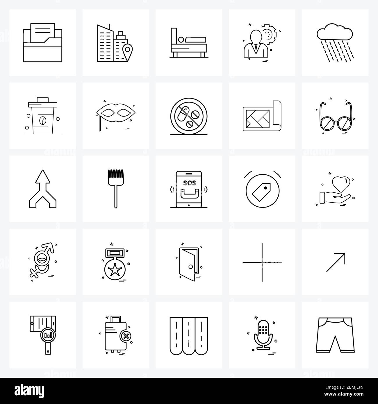 Set of 25 Simple Line Icons for Web and Print such as rain, menu, tower, setting, gear Vector Illustration Stock Vector