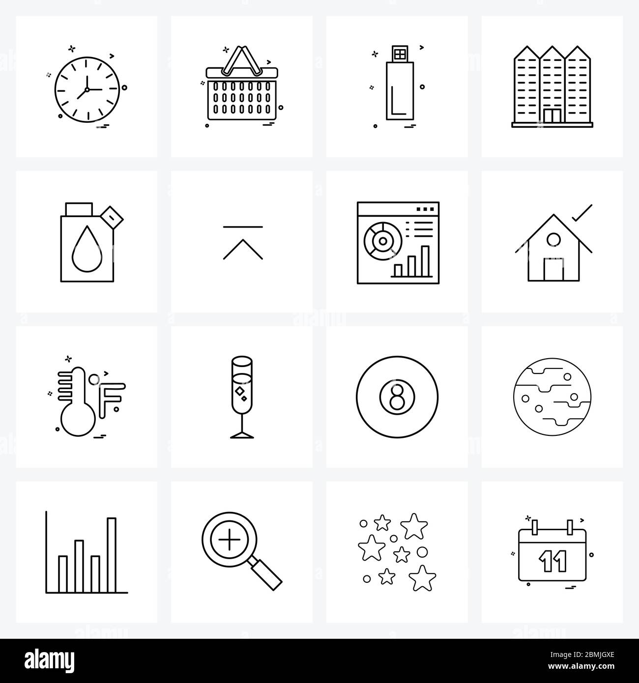Universal Symbols of 16 Modern Line Icons of radioactivity, fuel, flash drive, atomic, buildings Vector Illustration Stock Vector