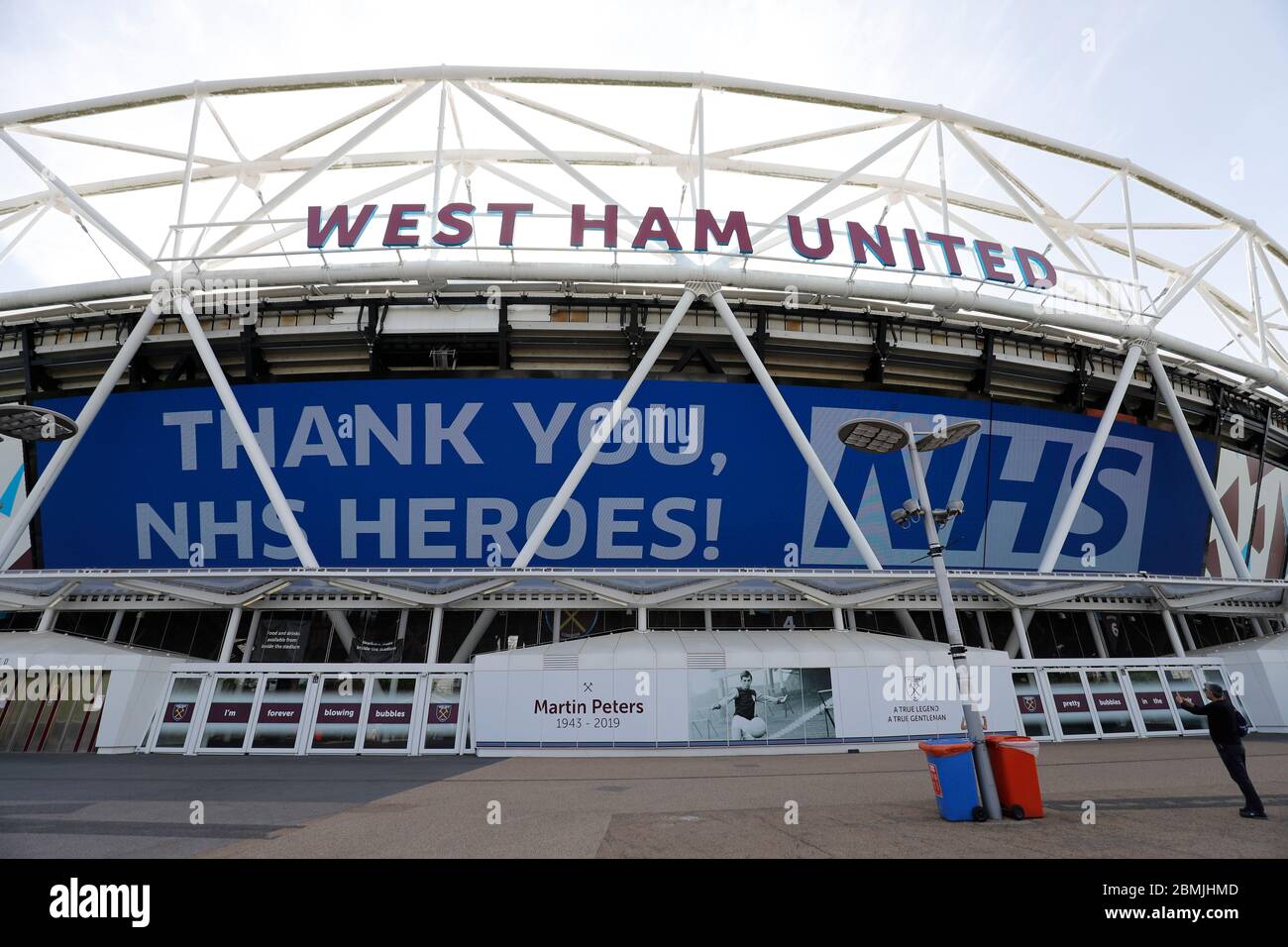 London Stadium, London, UK. 9th May, 2020. The London Stadium, home of West Ham United, deserted during the lockdown for the Covid-19 virus; Giant screen displaying Thank you NHS Heros Credit: Action Plus Sports/Alamy Live News Stock Photo