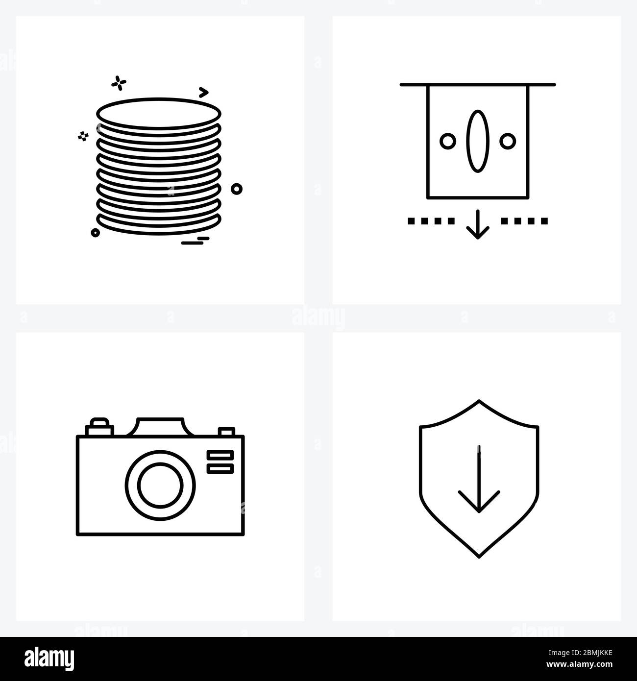 Set of 4 Simple Line Icons of coins, camera, coin, finance, dslr Vector Illustration Stock