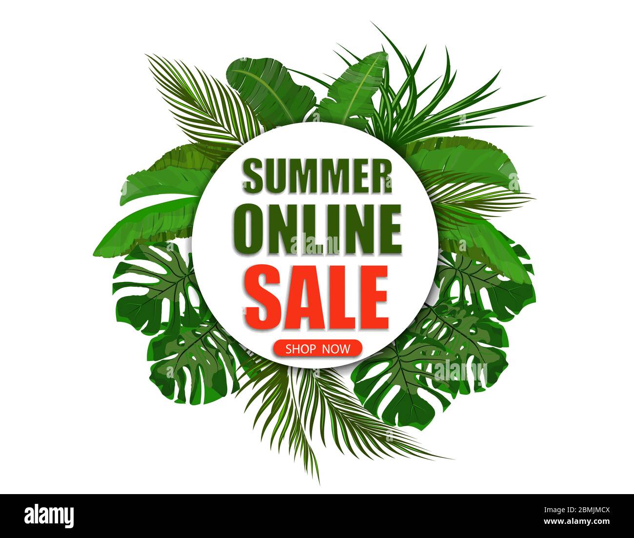 Summer online sale. Shop now. Banner on the background of palm leaves ...