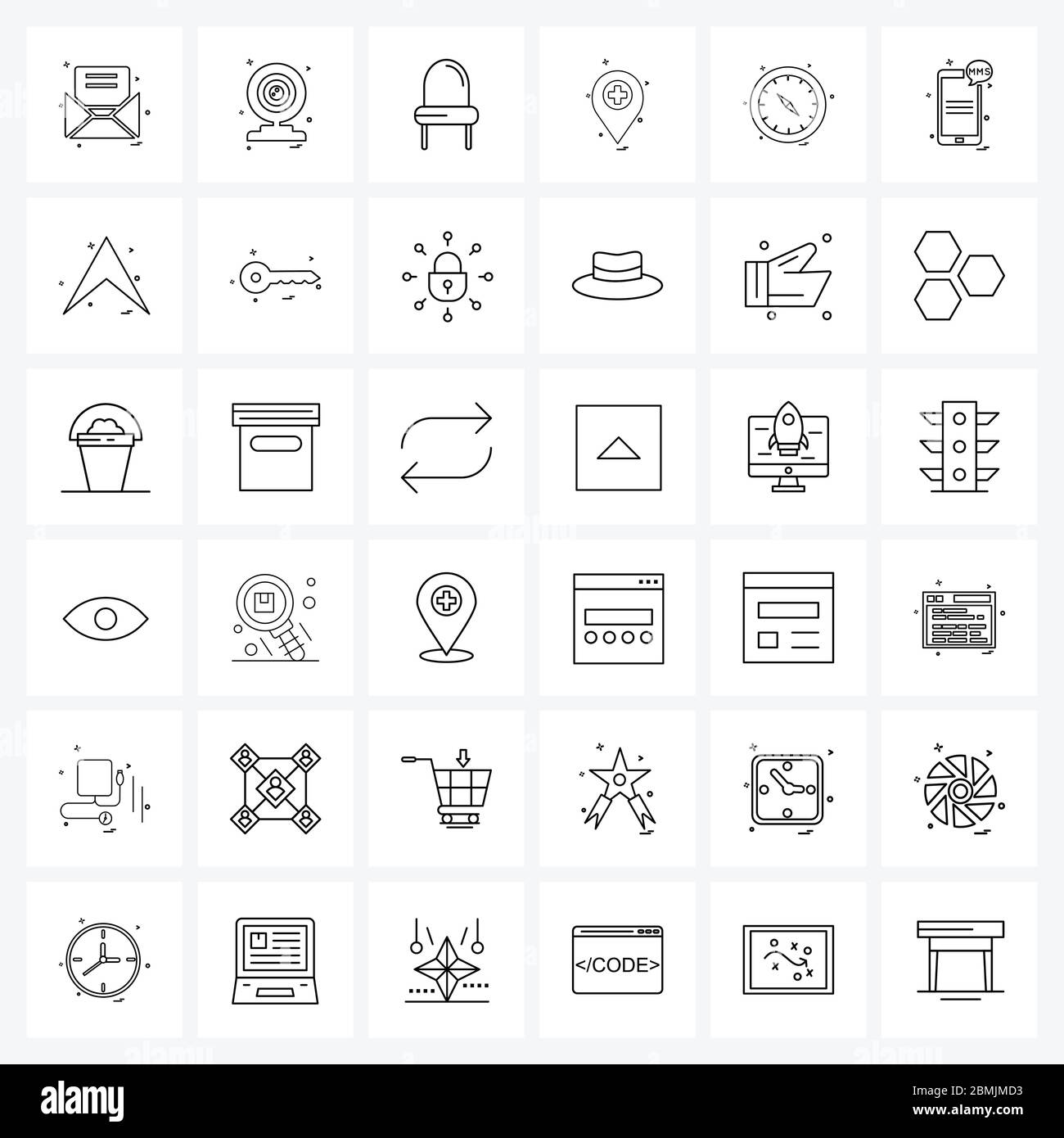 Universal Symbols of 36 Modern Line Icons of navigation, compass, interior, navigation, medicine Vector Illustration Stock Vector