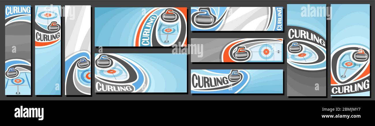 Vector set of Curling Banners, vertical and horizontal decorative templates for curling events with illustration of ice rink and sliding on curve traj Stock Vector