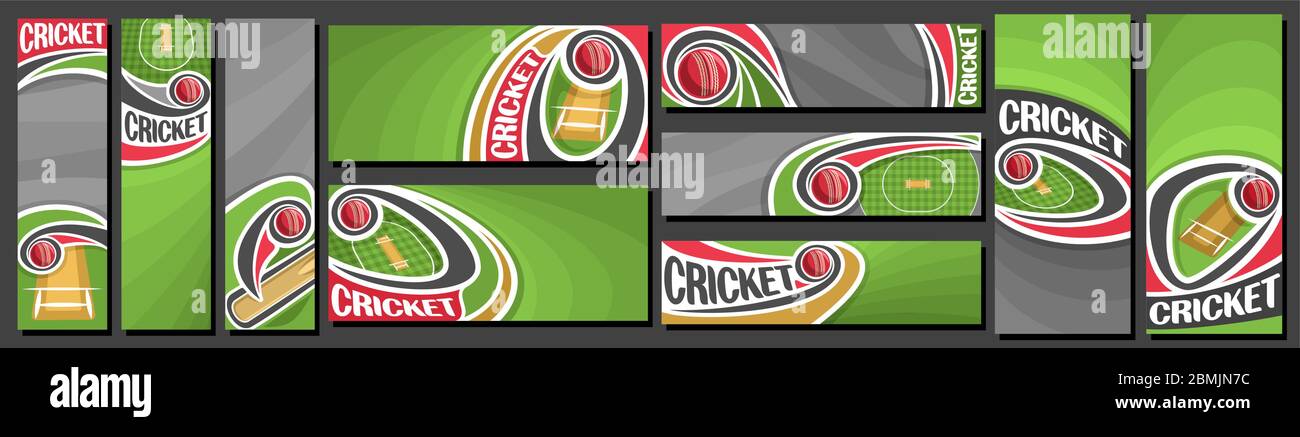 Vector set of Cricket Banners, vertical and horizontal decorative templates for cricket events with illustration of sport field and flying on curve tr Stock Vector