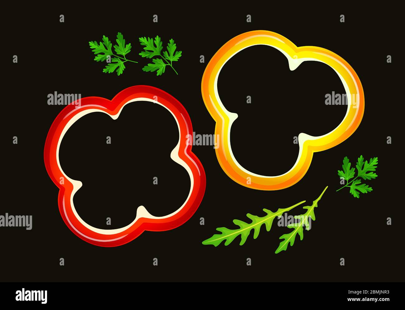 Isolated slices of bell pepper, arugula and parsley, top view. Rings of yellow and red capsicum, fresh pieces of vegetables, healthy organic food. Vec Stock Vector