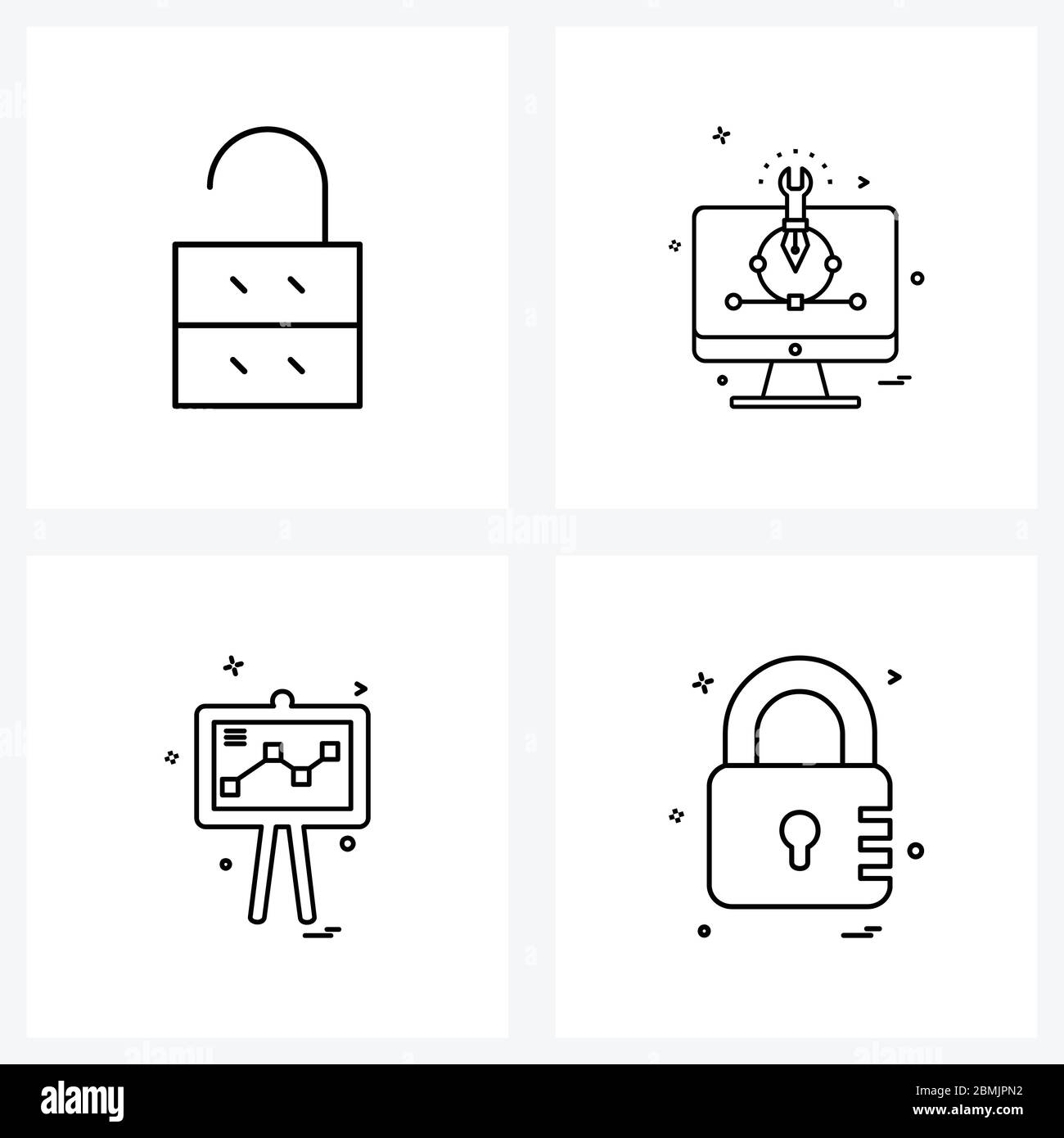 Line Icon Set of 4 Modern Symbols of unlock, graph, monitor, business