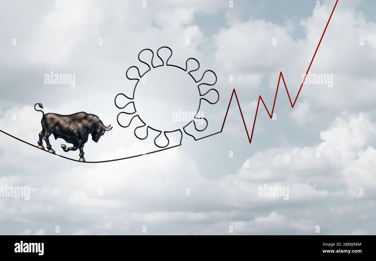 Bull market pandemic outbreak business concept of a financial risk as a bullish stock market symbol on a tight rope shaped as a virus and finance. Stock Photo