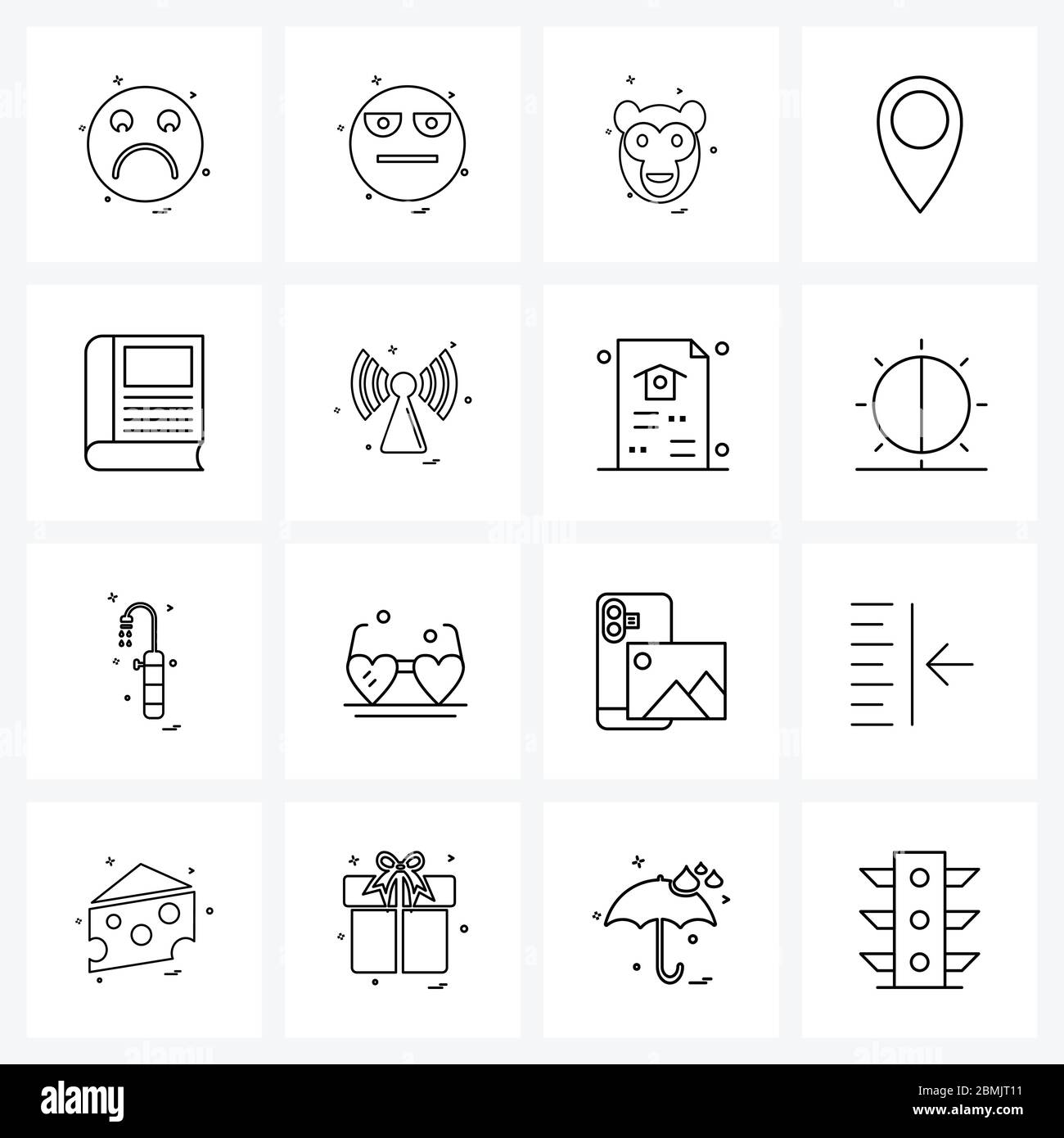 Isolated Symbols Set of 16 Simple Line Icons of location, map, unhappy, map pointer, monkey Vector Illustration Stock Vector