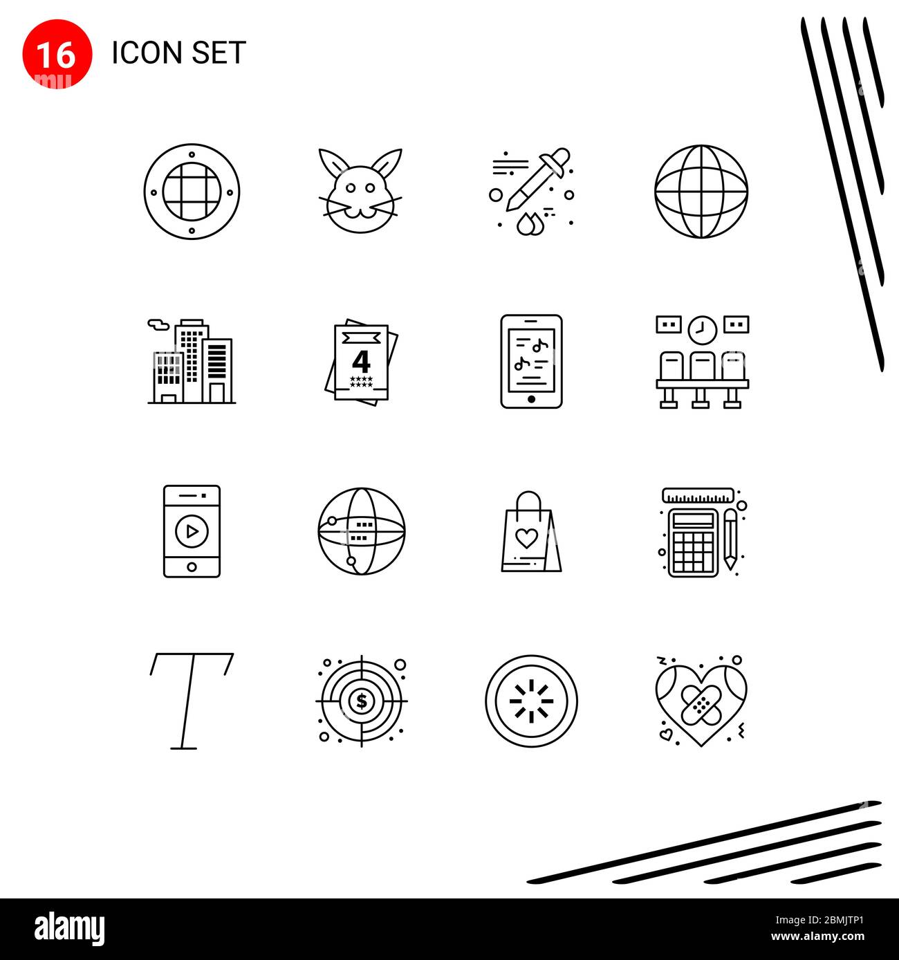 Set of 16 Modern UI Icons Symbols Signs for invitation, business, color, building, geography Editable Vector Design Elements Stock Vector