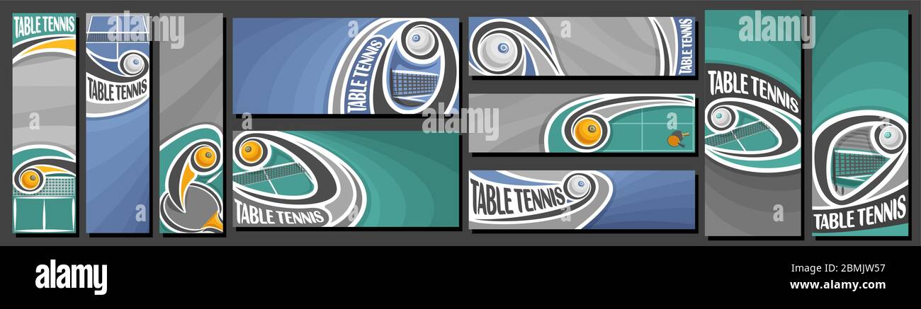 Vector set of Table Tennis Banners, vertical and horizontal decorative templates for table tennis events with illustration of flying on curve trajecto Stock Vector