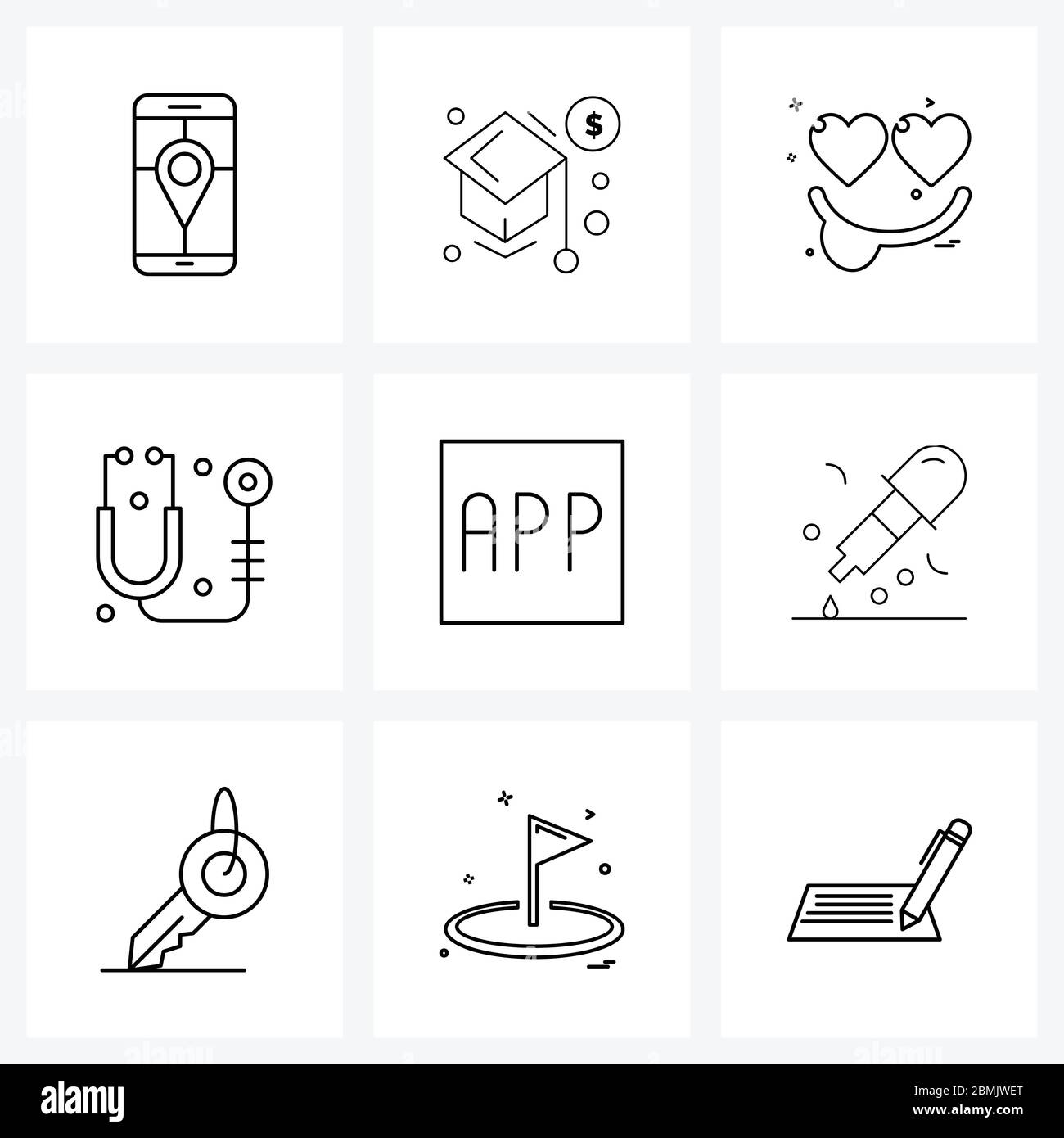 Stock Vector Icon Set of 9 Line Symbols for app, emergencies, love
