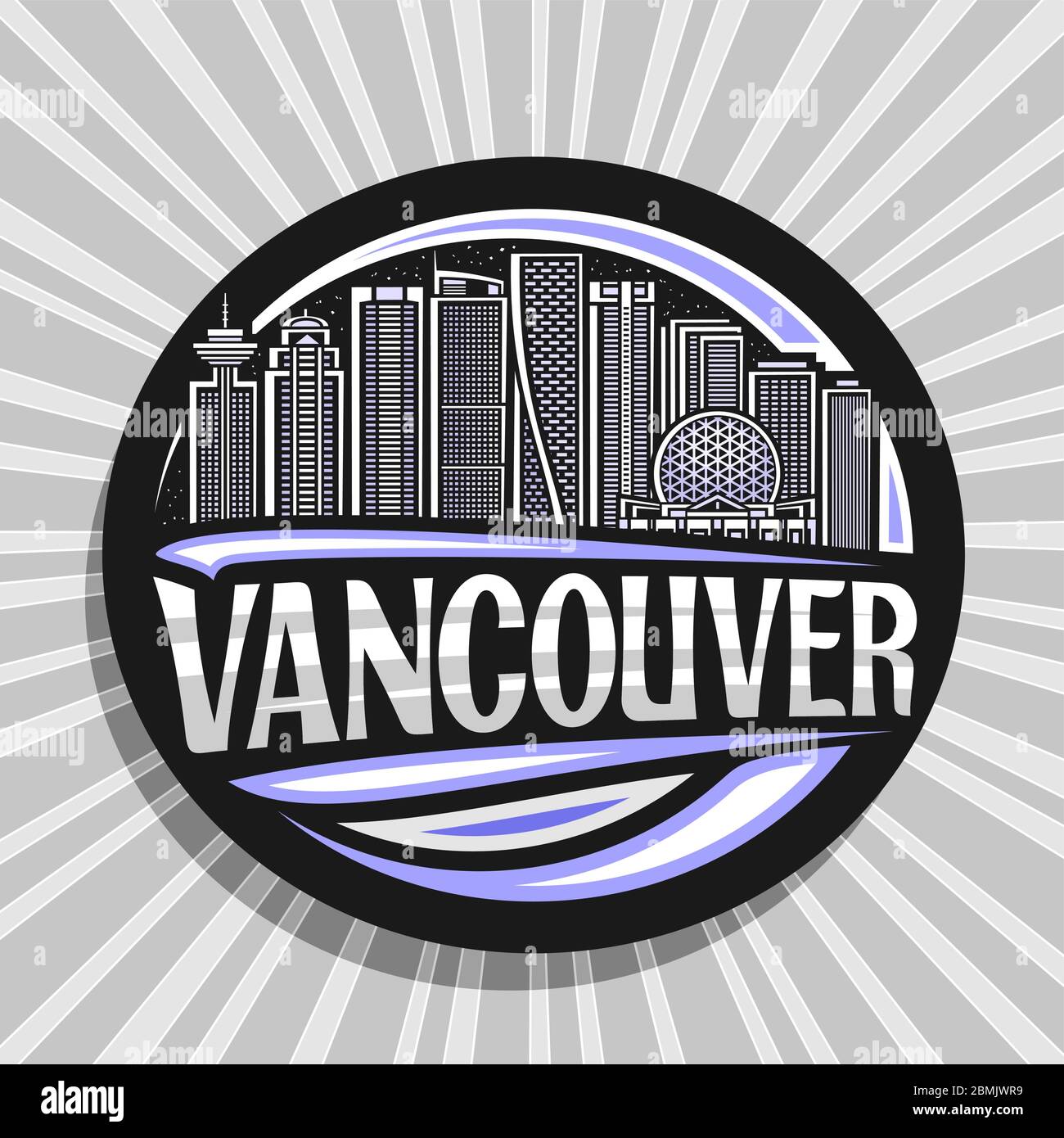 Vector Logo For Vancouver Black Circle Sticker With Line Illustration Of Famous Vancouver City Scape On Twilight Sky Background Design Tourist Fridg Stock Vector Image Art Alamy