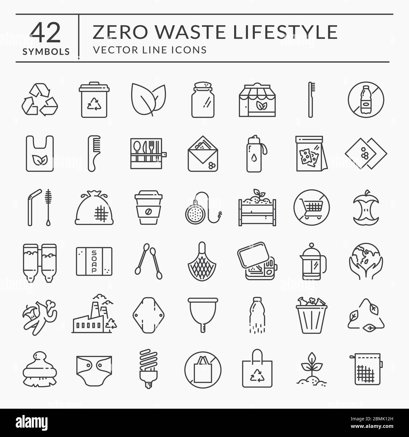 Zero waste line icons. Vector outline symbols isolated on white background. Recycling, reusable items, plastic free, save the Planet and eco lifestyle Stock Vector