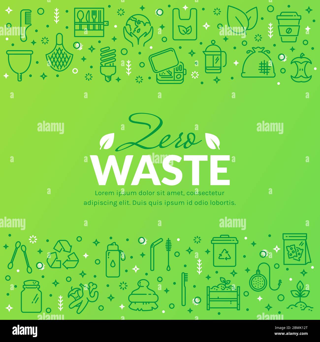 Zero waste banner with line icons on green background. Recycling, reusable items, save the Planet and eco lifestyle themes. Vector template. Stock Vector