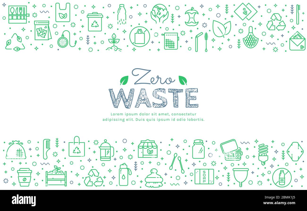 Zero waste web banner with green line icons isolated on white background. Recycling, plastic free, save the Planet themes. Vector horizontal template. Stock Vector