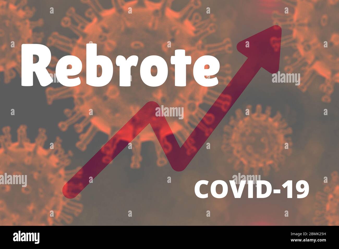 Ilustración para mostrar un rebrote de Covid-19. Ilustración con una curva ascendente en un fondo de coronavirus con el texto de Rebrote. Flecha roja Stock Photo