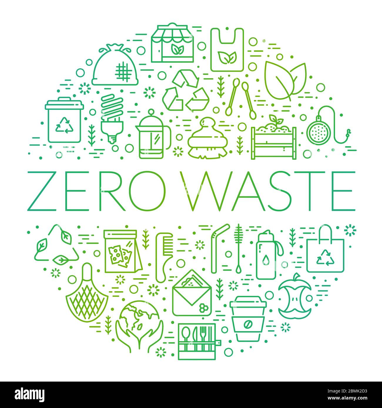 Zero waste vector banner. Recycling, reusable items, save the Planet, eco lifestyle themes. Circle shape made of line symbols isolated on white. Stock Vector