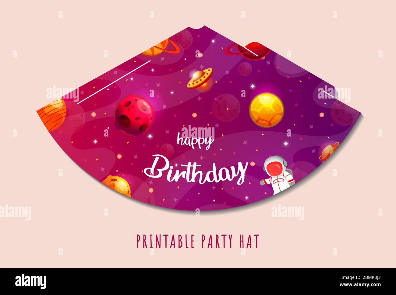Party hats printable. Space party. Print and cut. Happy birthday elements. Vector set of cones template to head for holiday. Stock Vector