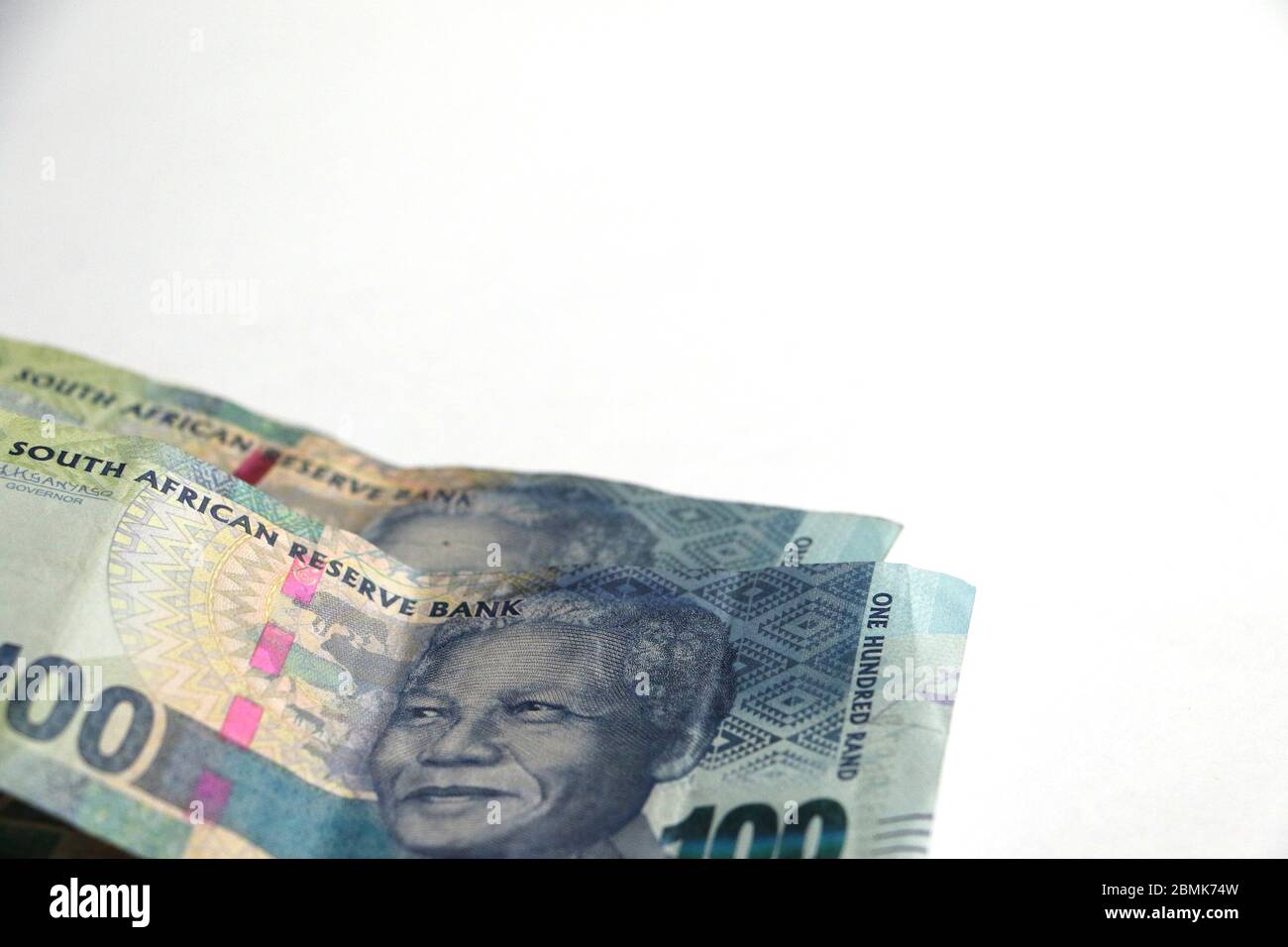 South African currency money rands notes scattered on white background Stock Photo